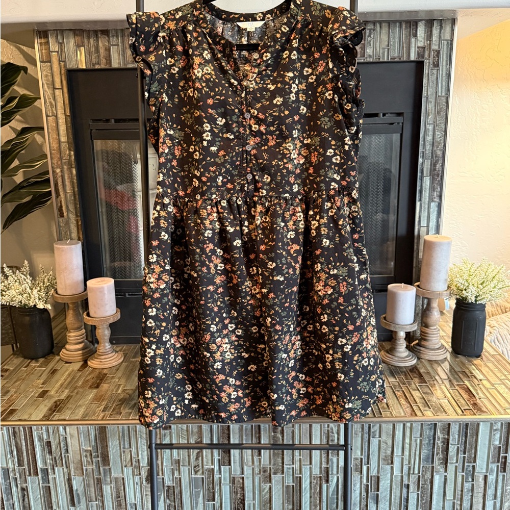 Time and Tru Black Floral Button-Up Top